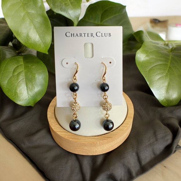 CHARTER CLUB 2 1/4" Gold Tone Dark Gray Imitation Pearl Triple  Earrings-NWT - Picture 1 of 1